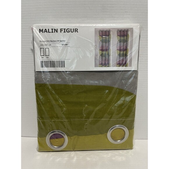 Set of 2 IKEA Malin Figur Geometric Green Purple Curtain Panels 57x98” Linen NEW - Picture 1 of 4